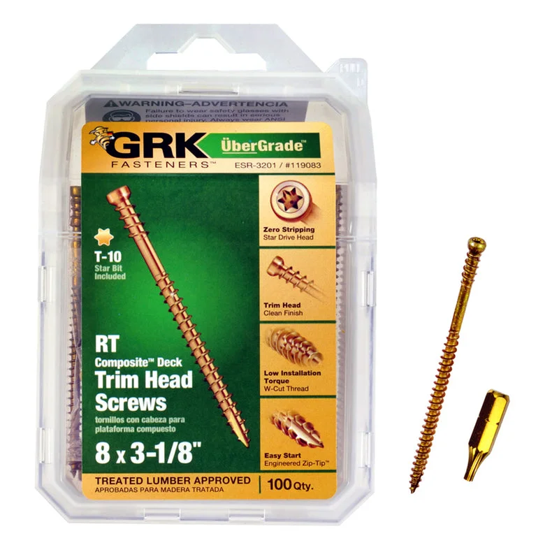 Screws for Fixing Hinges to Doors-GRK Fasteners UberGrade No. 8  x 3-1/8 in. L Star Trim Head Steel Construction Screws 100 pk