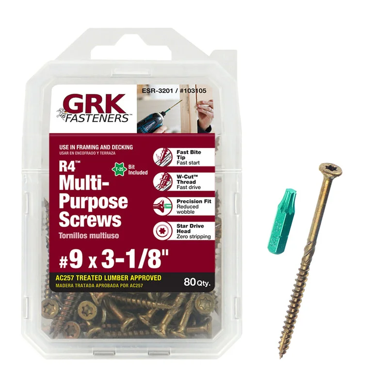 Screws with Cross-Head for Power Drills-GRK Fasteners R4 No. 9 X 3-1/8 in. L Star Coated W-Cut Multi-Purpose Screws 80 pk