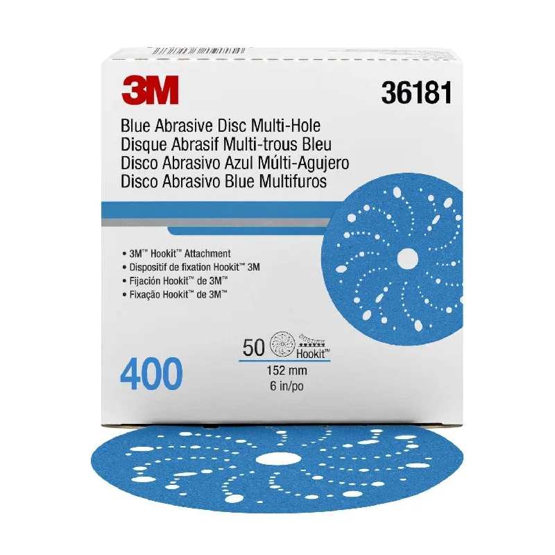 Sandpaper for Fine Finishing on Furniture-3M 36181 Hookit Blue Sandpaper Disc Multihole 150mm 400 Grit x 50 Pack Box