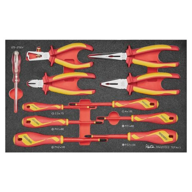 Pliers for DIY Electrical Repairs-Teng Tools 11 Piece 1000 Volt Insulated Plier (Side Cutting, Combination, Long Nose, Wire Stripping) And Screwdriver (Flat, PH, PZ) EVA Foam Tray - TEFXV11