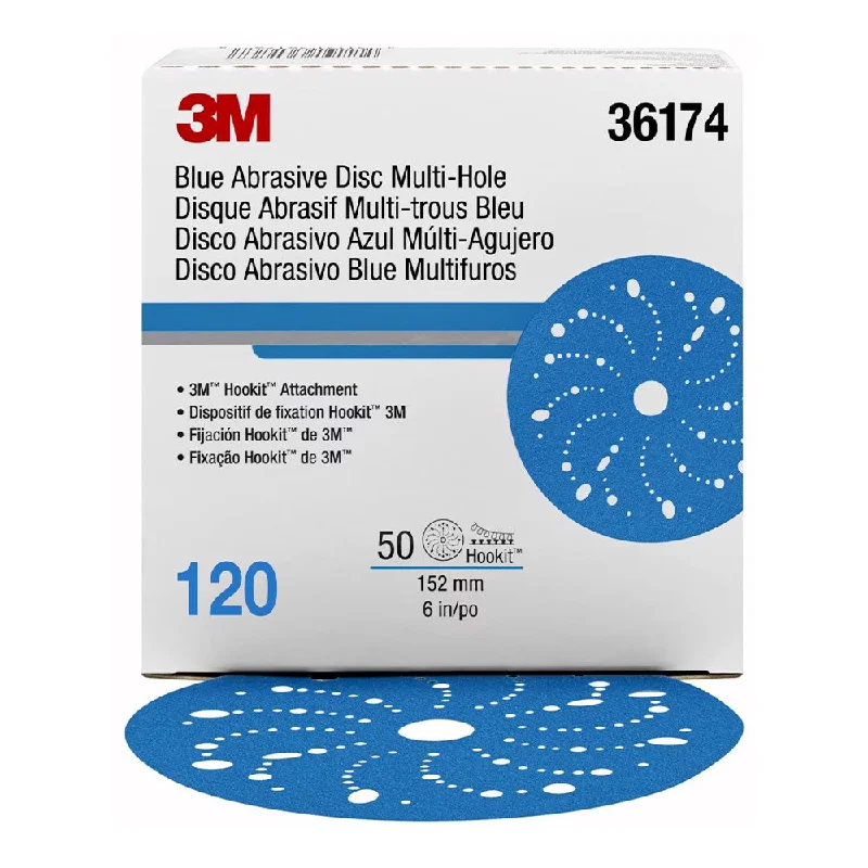 Sandpaper for Removing Stains from Wood-3M 36174 Hookit Blue Sandpaper Disc Multihole 150mm 120 Grit x 50 Pack Box