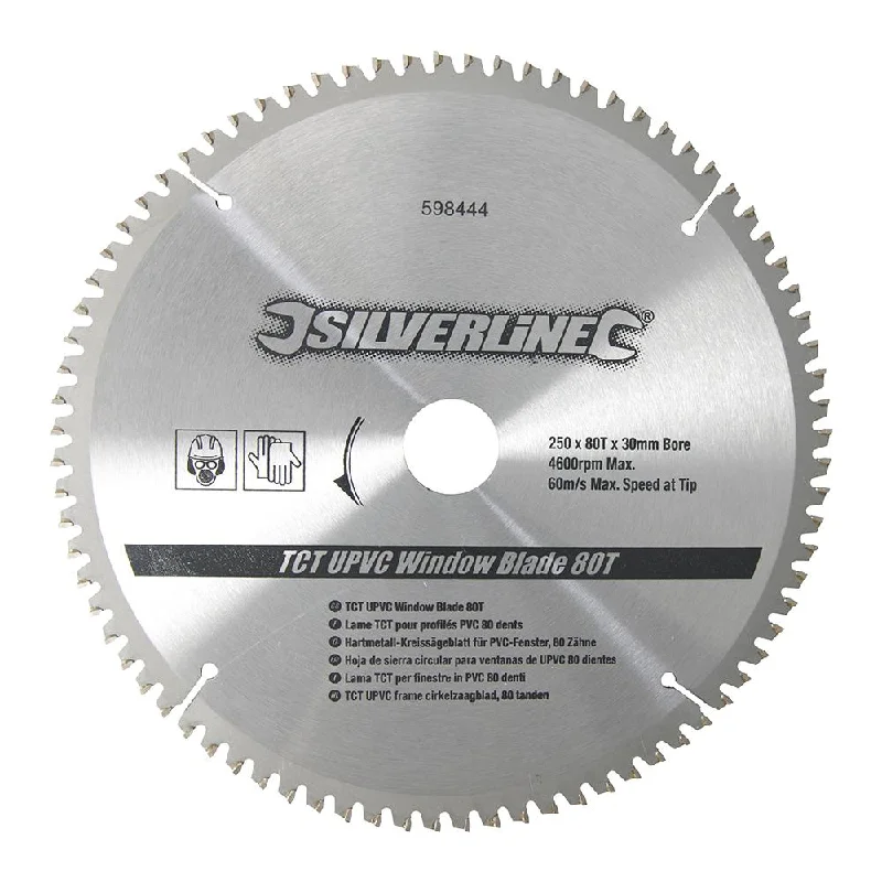 Saw Blades for Cutting Molding and Trim-Silverline TCT UPVC Window Blade 80T 250 x 30 - 25, 20, 16mm Rings 598444