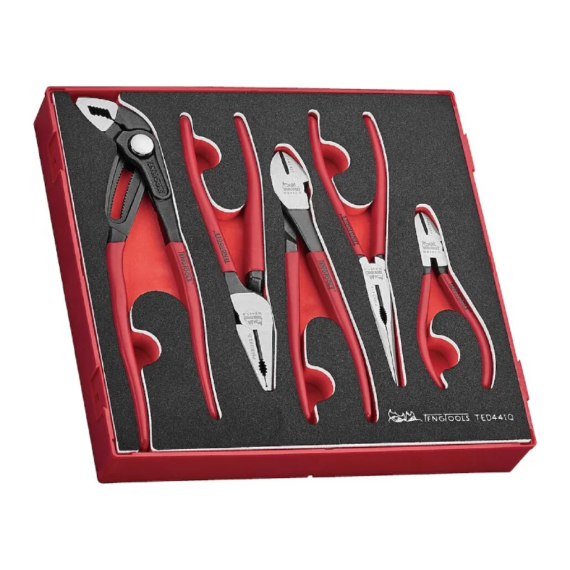 Pliers with Replaceable Jaws-Teng Tools 5 Piece Vinyl Grip Q Plier EVA Foam Set Tool Tray (Side Cutter, Linesman, Long Nose, Quick Set Slip Joint/Water Pump) - TED441Q