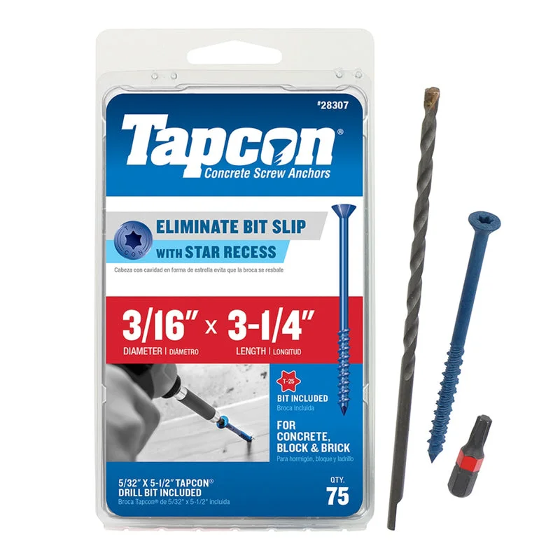 Screws for Attaching Planks to Beams-Tapcon 3/16 in. in. X 3-1/4 in. L Star Flat Head High/Low Concrete Screws