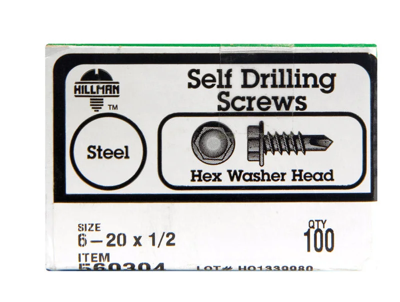 Screws for Securing Siding Panels-HILLMAN No. 6-20 X 1/2 in. L Hex Hex Washer Head Self- Drilling Screws 100 pk