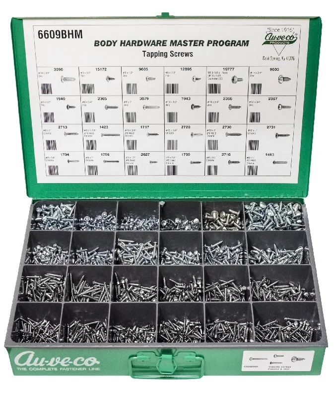 Screws with Slotted Heads for Manual Tools-Auveco # 6609BHM BHM Assortment Chrome/Zinc Oval And Pan Head And Specialty Tapping Screws. Qty 1.