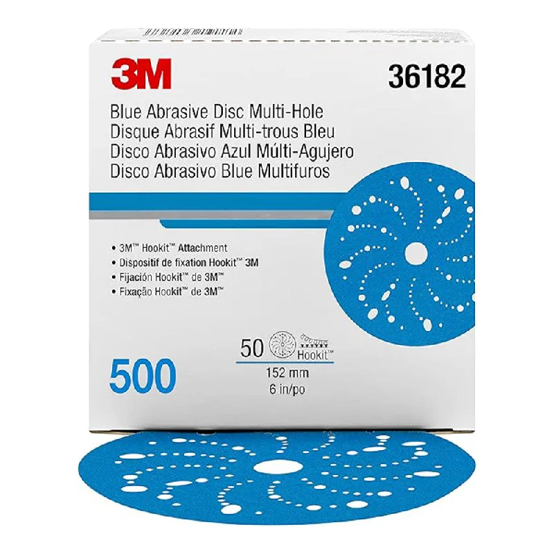 Sandpaper for Furniture Restoration Projects-3M 36182 Hookit Blue Sandpaper Disc Multihole 150mm 500 Grit x 50 Pack Box