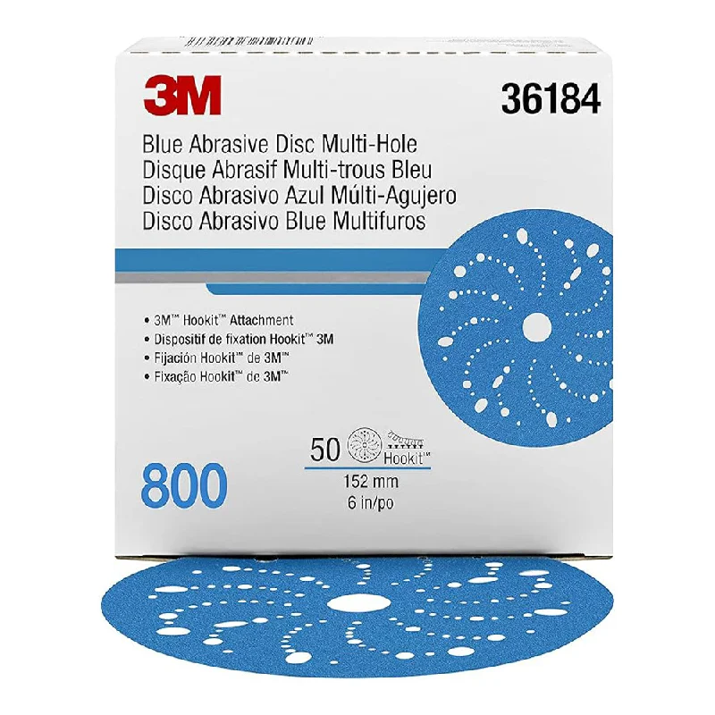 Sandpaper for Polishing Automotive Paint-3M 36184 Hookit Blue Sandpaper Disc Multihole 150mm 800 Grit x 50 Pack Box