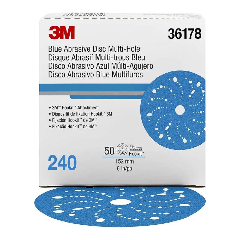 Sandpaper Sheets for Hand Sanding-3M 36178 Hookit Blue Sandpaper Disc Multihole 150mm 240 Grit x 50 Pack Box