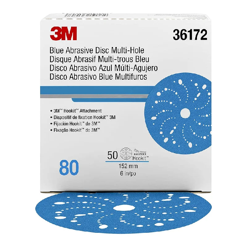 Sandpaper for DIY Woodworking Projects-3M 36172 Hookit Blue Sandpaper Disc Multihole 150mm 80 Grit x 50 Pack Box