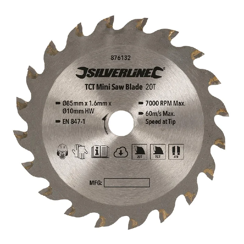 Multi-Material Saw Blades for Versatile Cutting-Silverline TCT Mini Saw Blade 85mm Dia - 10mm Bore 20T 876132