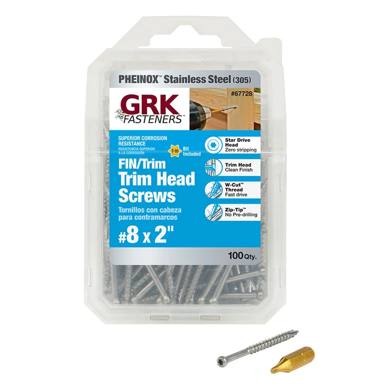 Screws for Outdoor Projects-GRK Fasteners No. 8  x 2 in. L Star Trim Head Stainless Steel Construction Screws 100 pk