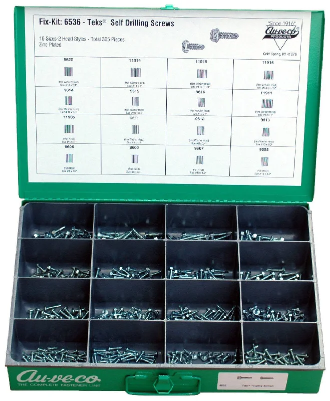 Screws with Flat Heads for Smooth Finish-Auveco # 6536 Pan And Hex Head Teks Tapping Screw Kit. Assortment. Qty 1.